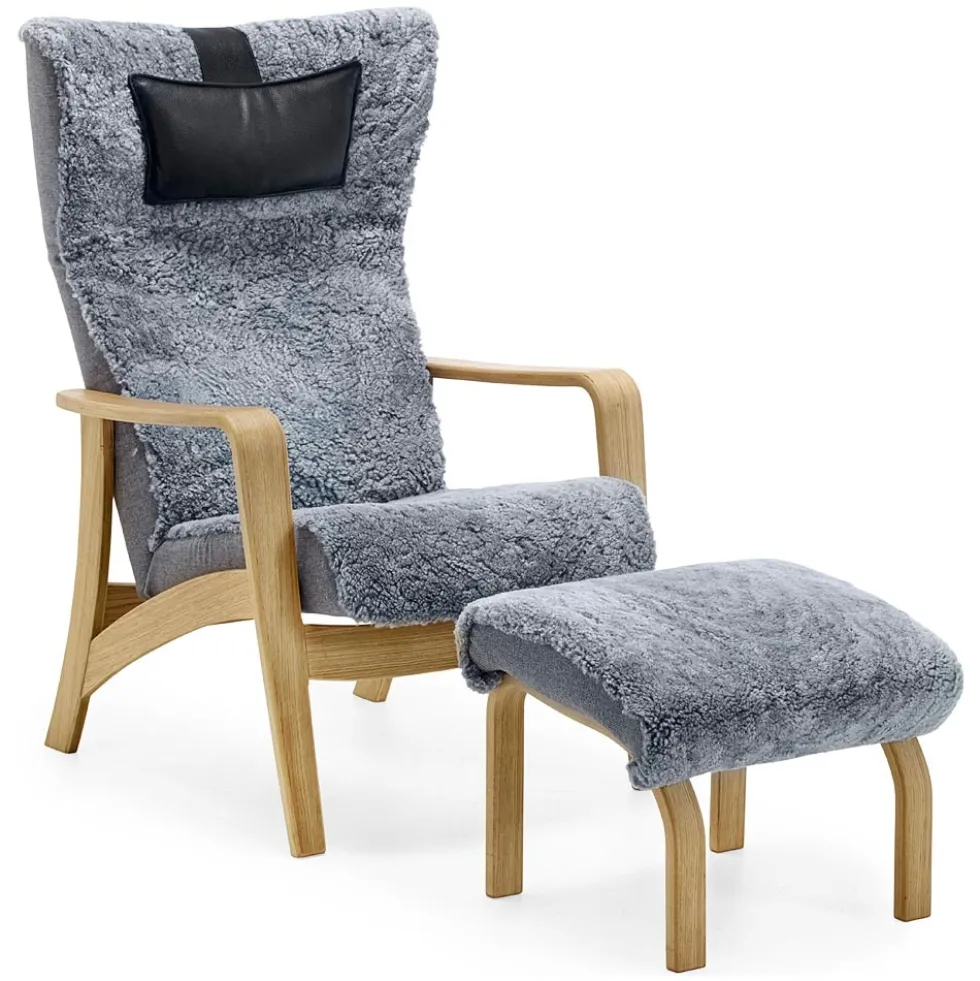 Brilliant fåtölj inkl. pall – fårskinn graphite/ ek