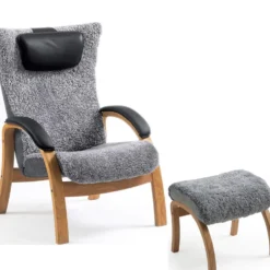 Easy fåtölj inkl. pall – fårskinn graphite/ ek