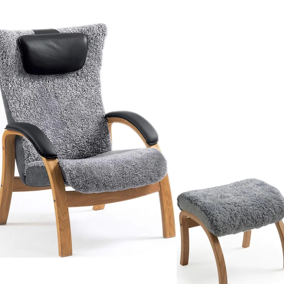 Easy fåtölj inkl. pall – fårskinn graphite/ ek