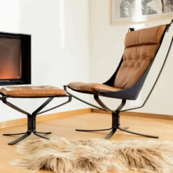 Falcon First fåtölj hög & pall – läder elmo rustical tan