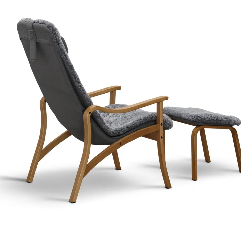Gotland fåtölj inkl. fotpall – fårskinn charcoal grey silver/ ek