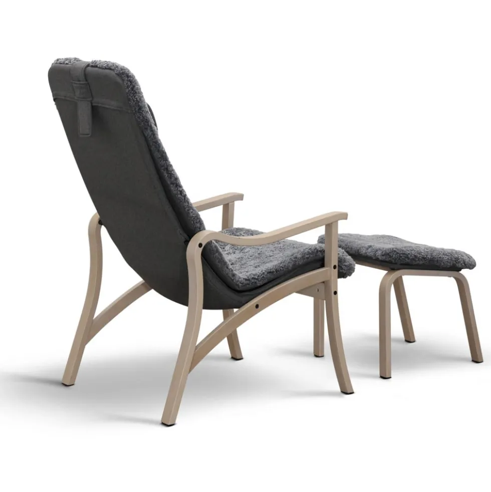 Gotland fåtölj inkl. fotpall – fårskinn charcoal grey silver/ vit