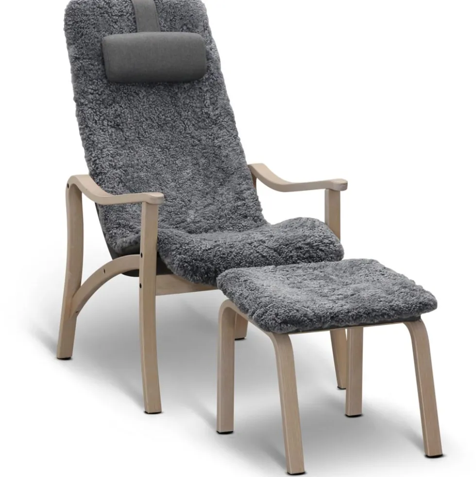 Gotland fåtölj inkl. fotpall – fårskinn charcoal grey silver/ vit