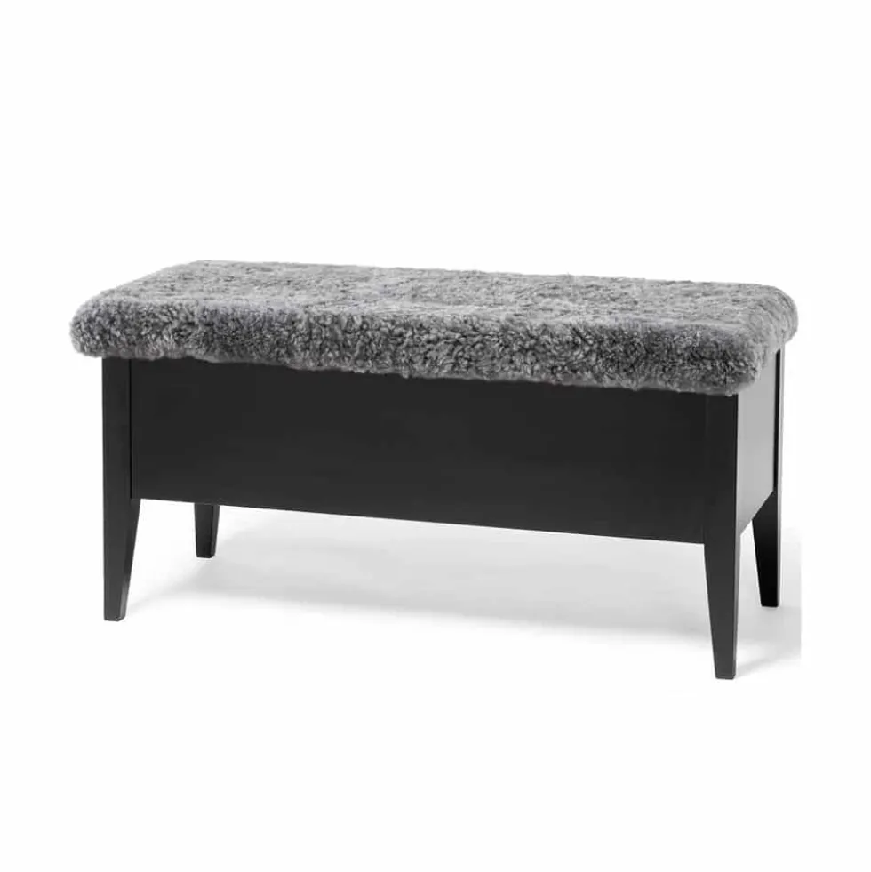 Klinte bänk 90 svartlack/ äkta fårskinn