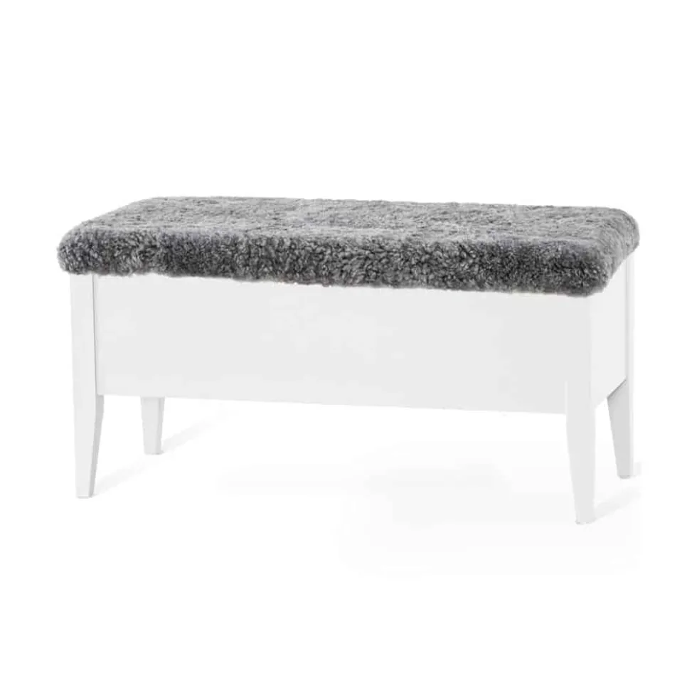 Klinte bänk 90 vitlack/ äkta fårskinn