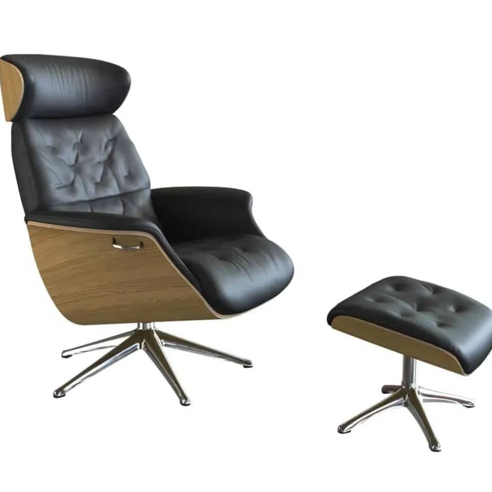 Volden fåtölj & pall – läder savoy black/ ek/ krom